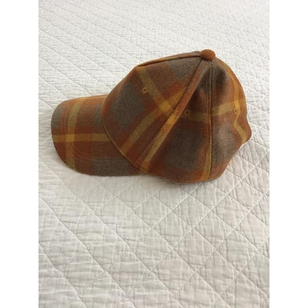 Plaid Wool Blend Baseball Cap Orange Brown Mustard Adjustable Strapback Hat - Picture 3 of 7